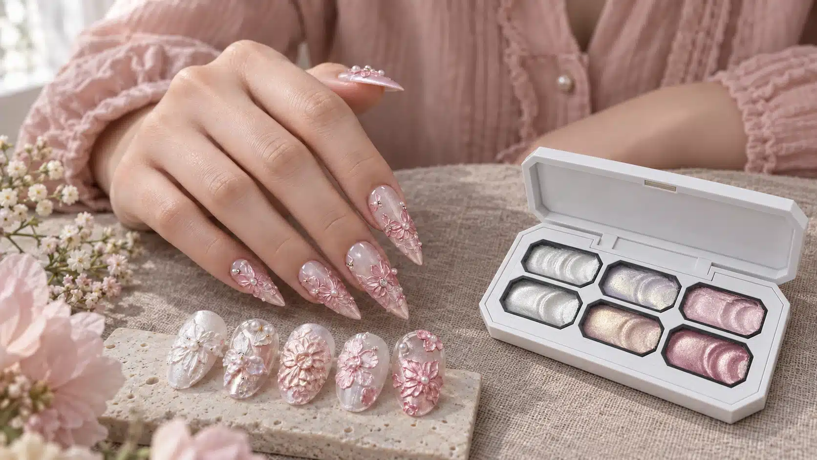 Open six-color sculpture gel palette beside fine-shimmer floral nail art samples.