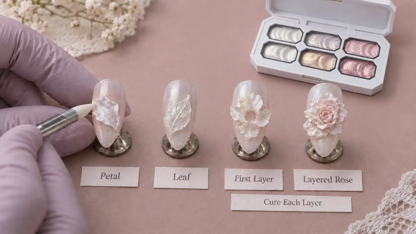 Sculpture gel nail art examples progressing from a petal and leaf to a layered rose.