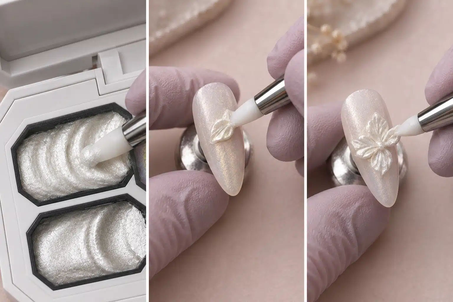 Gloved technician placing and refining a fine-shimmer sculpture gel petal on a practice nail tip.