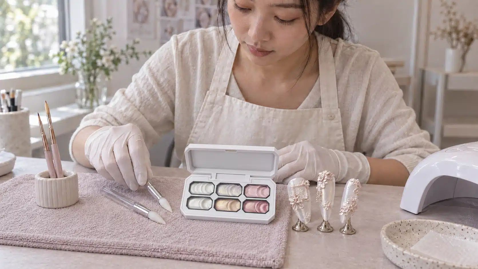 Six-color sculpture gel palette arranged with sculpting tools, detail brushes and practice nail tips.