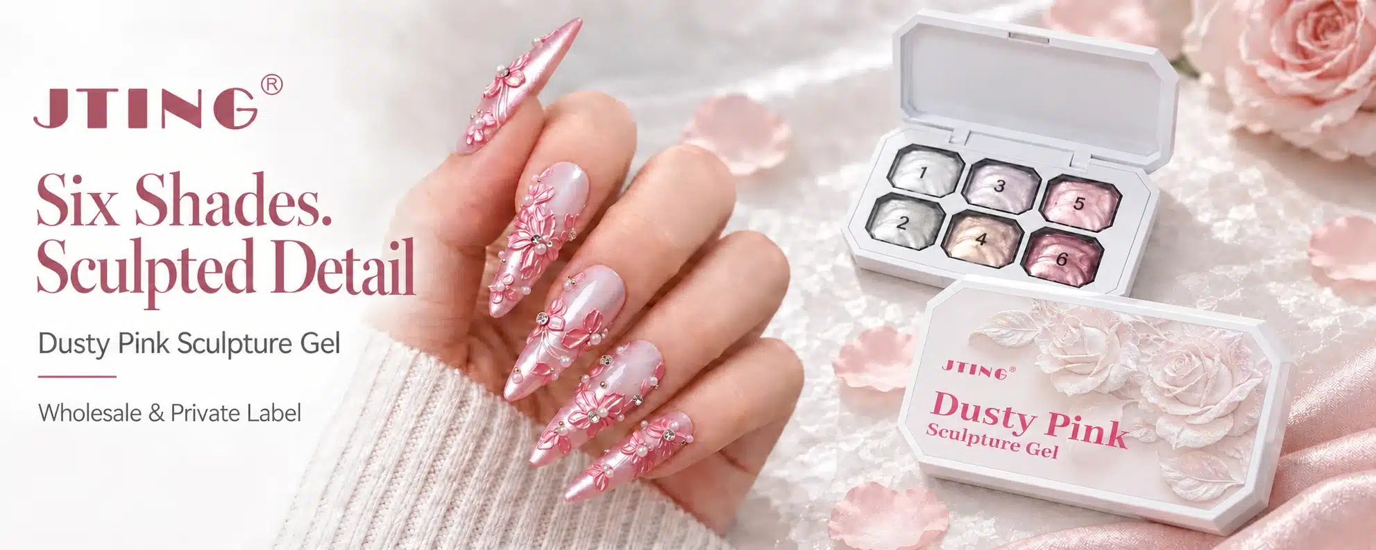 JTING Dusty Pink Sculpture Gel banner with a rose-pink floral manicure, an open six-color palette and a closed branded case