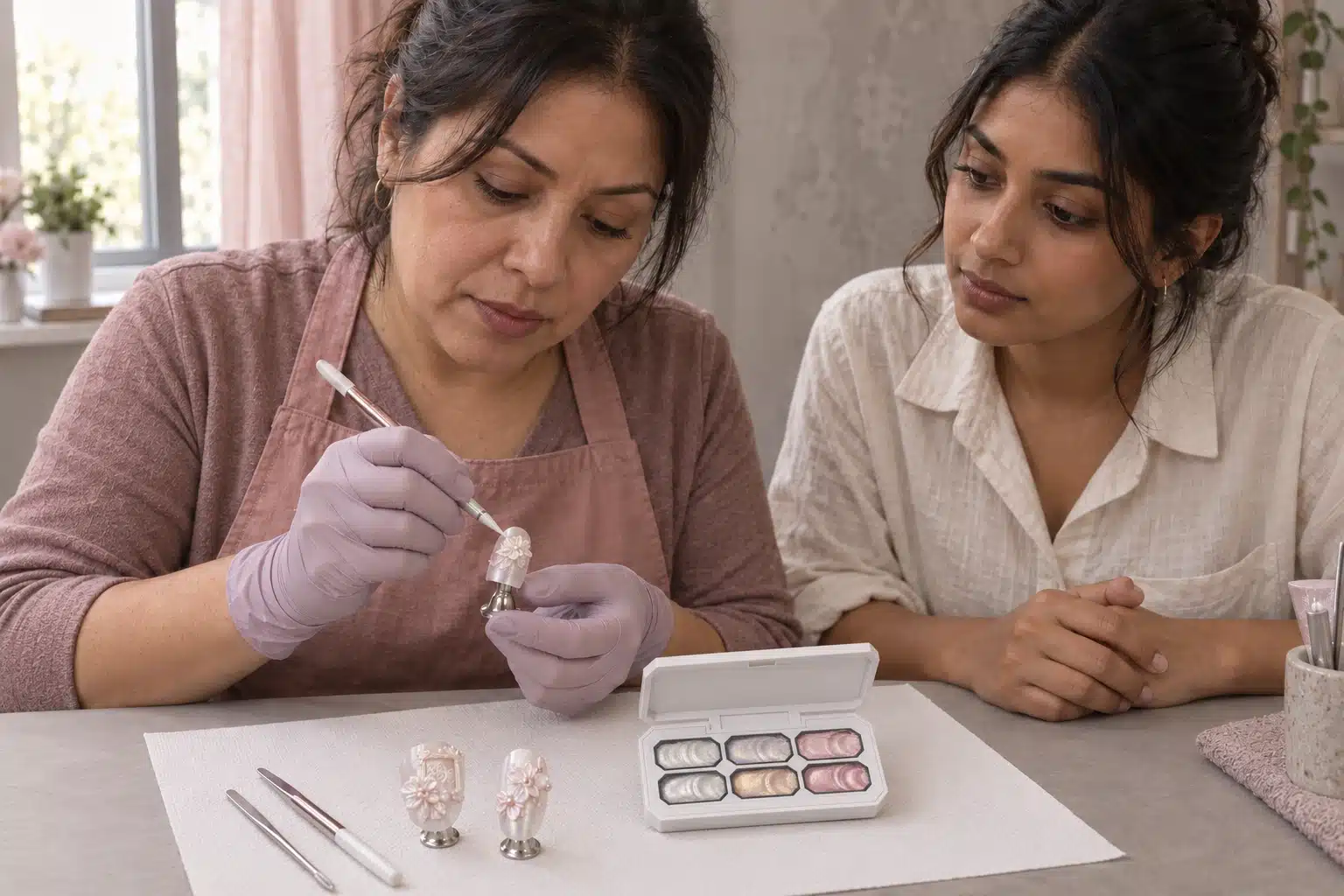Professional nail art demonstration showing sculpture gel petal shaping for salon training.