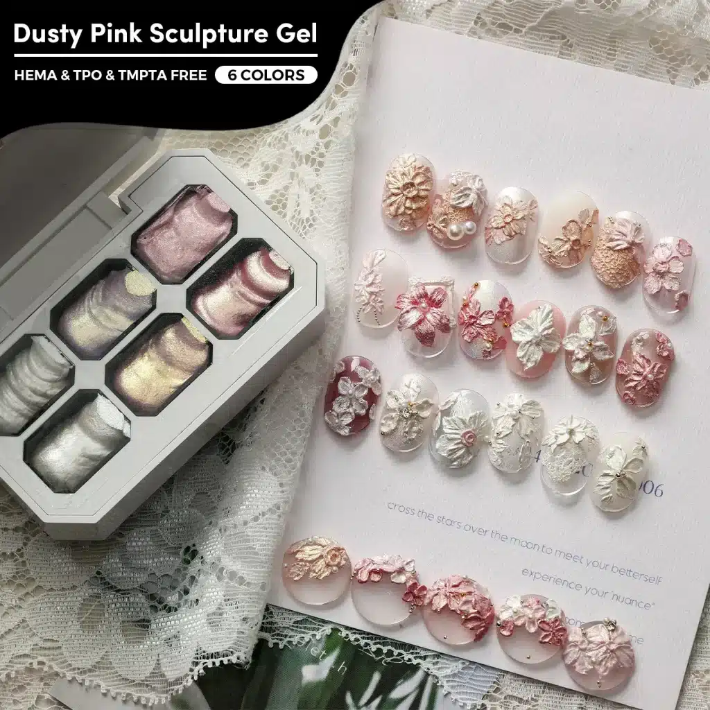 JTING Dusty Pink Sculpture Gel six-color palette beside 3D floral nail art samples