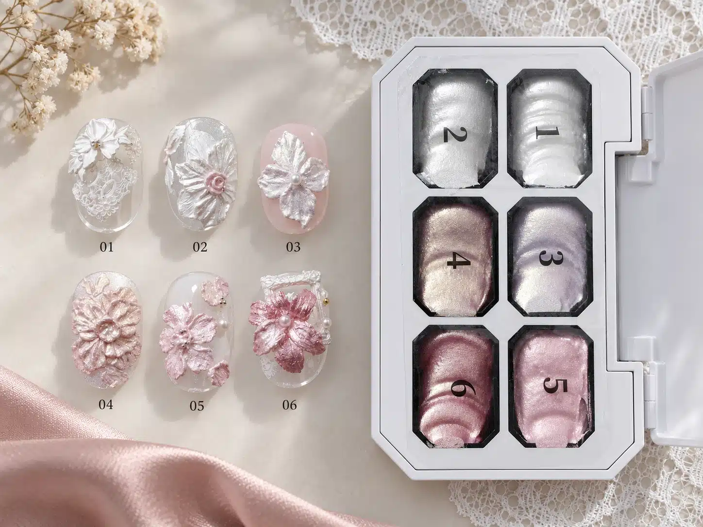 JTING Dusty Pink Sculpture Gel open six-well palette beside floral nail samples numbered 01 to 06