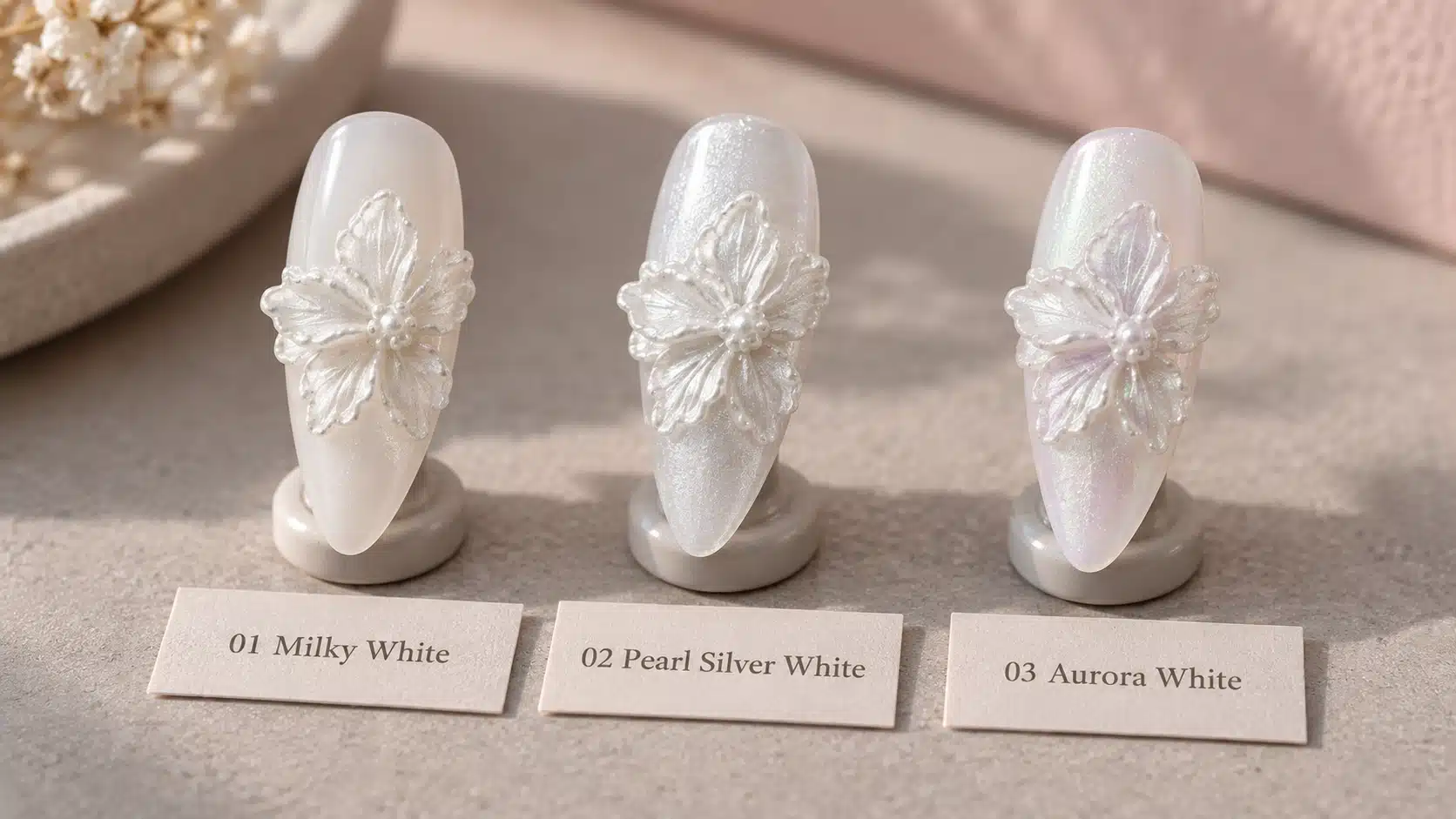 Milky White, Pearl Silver White and Aurora White sculpture gel petals presented for shade comparison.
