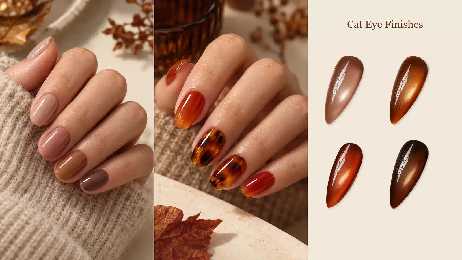Tonal nude and amber jelly manicures beside photographed autumn cat eye nail samples