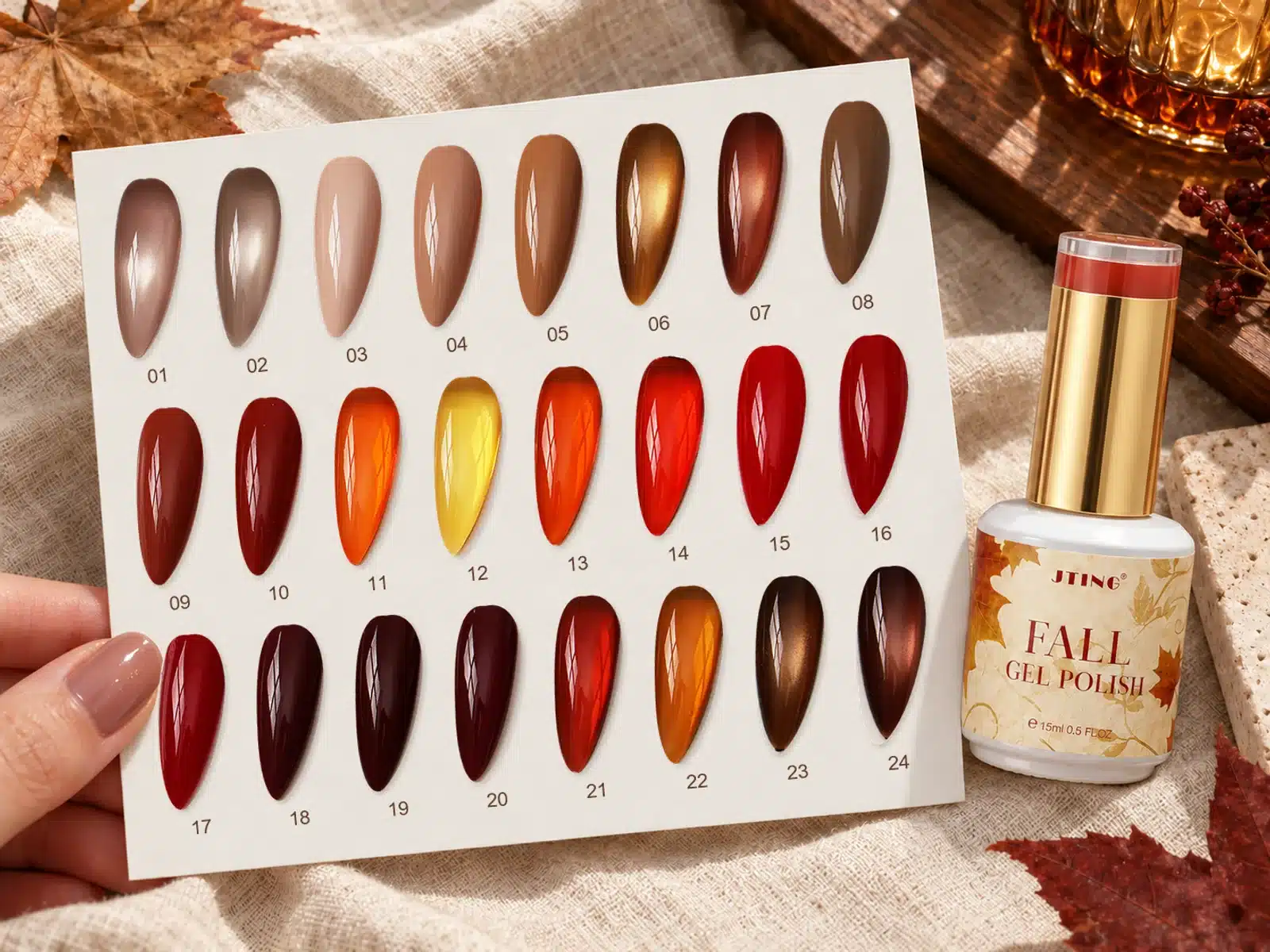 Twenty-four numbered autumn gel nail polish samples in nude, caramel, amber, red and deep brown shades