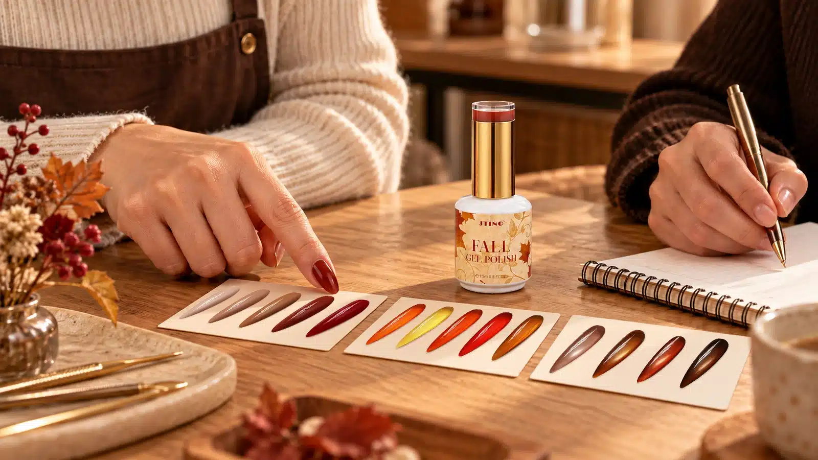 Hands reviewing autumn color, jelly and cat eye samples with a notebook and JTING bottle