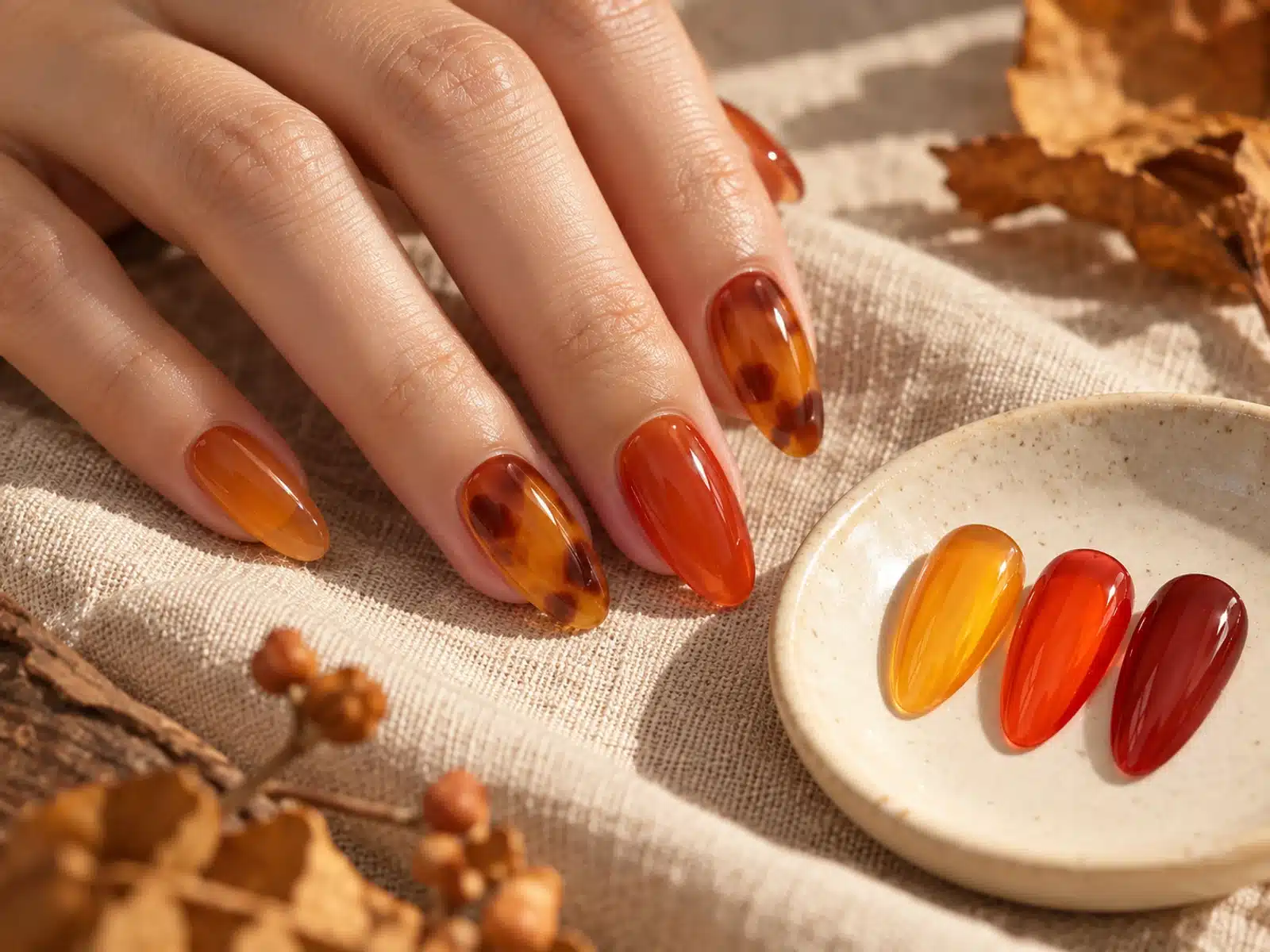 Translucent amber jelly manicure with tortoiseshell accents beside plain jelly nail samples