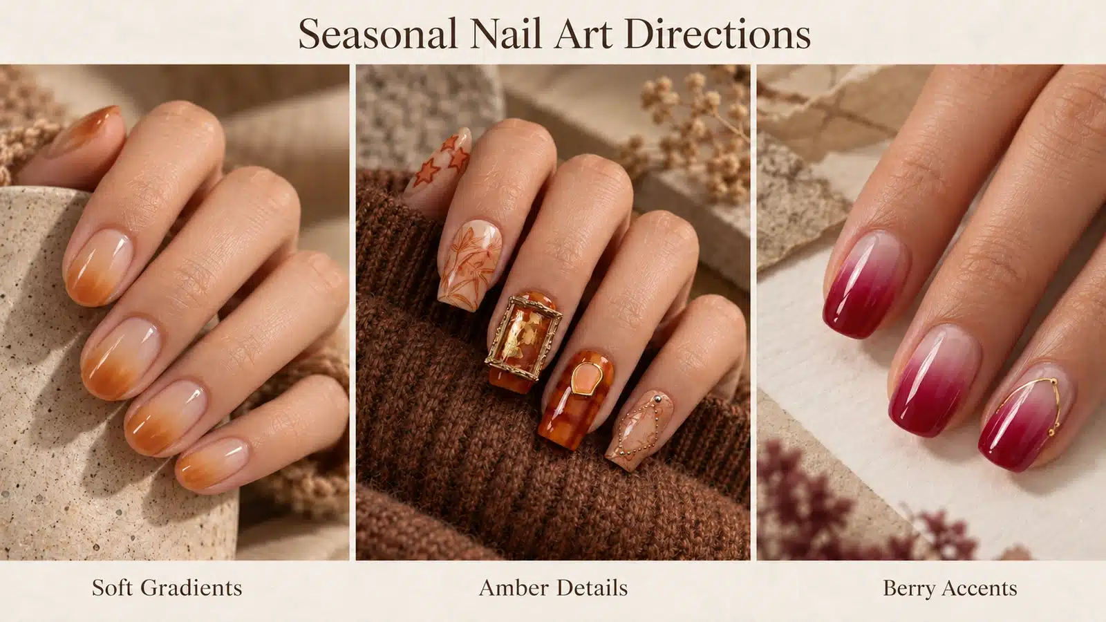 Three seasonal nail looks with soft caramel gradients, amber patterned details and berry accents