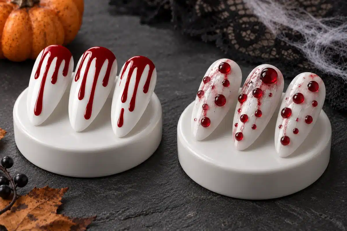 Flat red blood-drip nail art beside raised dark red gel droplets on white and silver nail tips