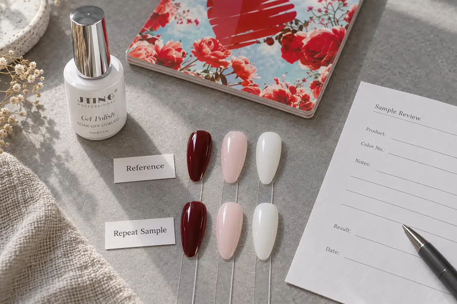 Two rows of burgundy, pink and white gel swatches beside a JTING bottle and a blank sample review sheet