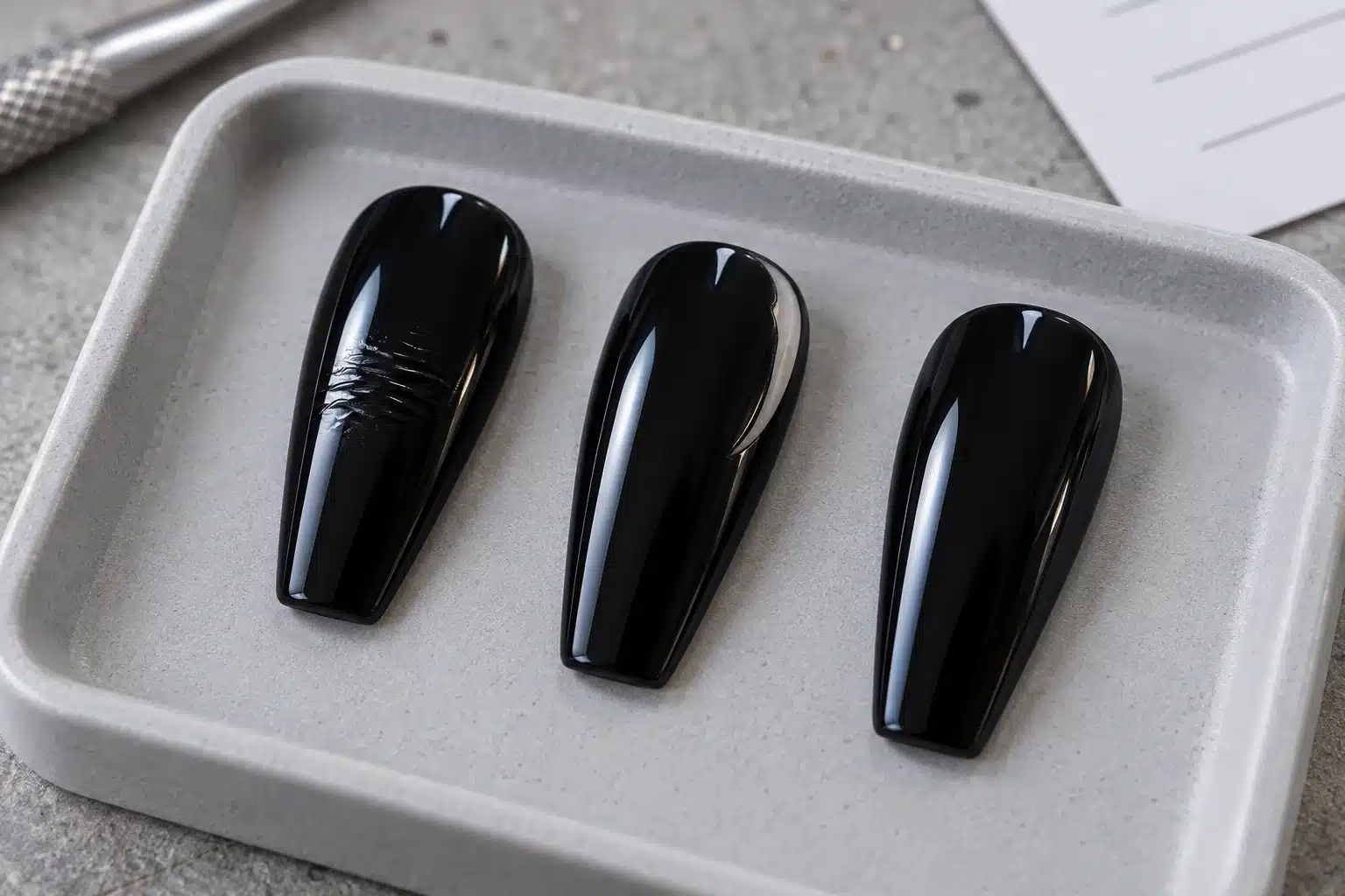 Three black gel nail swatches with surface wrinkles, an uncovered edge area and a smooth finish