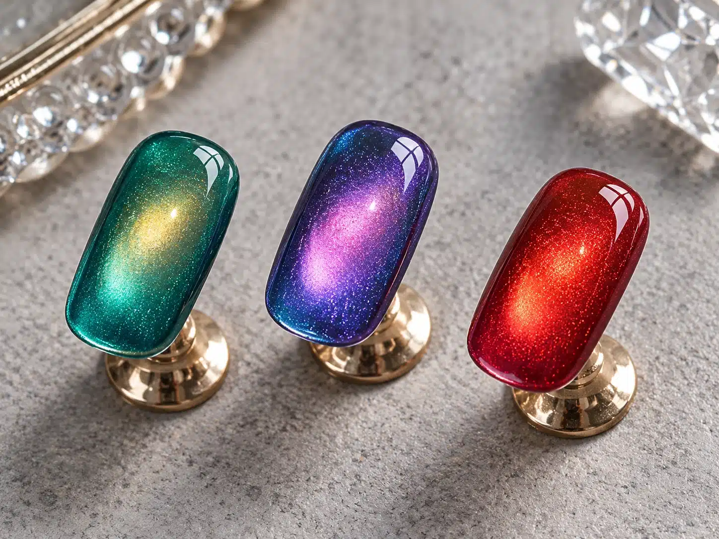 Teal, violet and ruby Glass Aurora cat eye tips showing rounded magnetic highlights