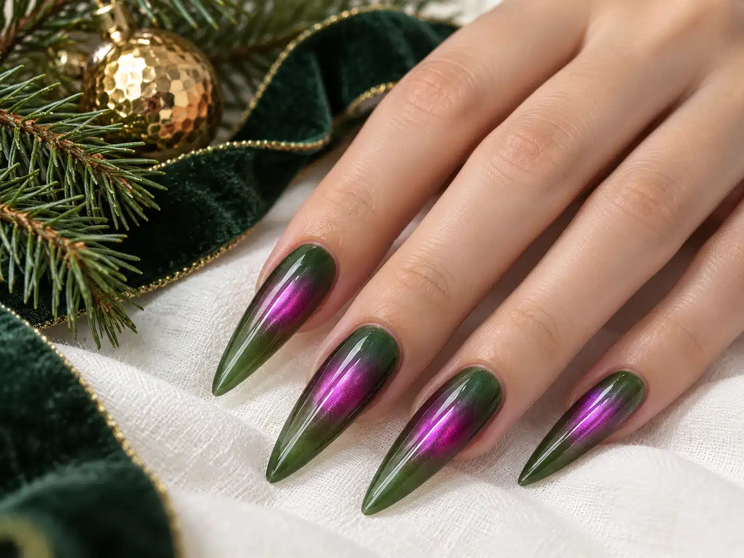 Long pointed olive-green Glass Aurora cat eye nails with pink-violet highlights in a Christmas setting