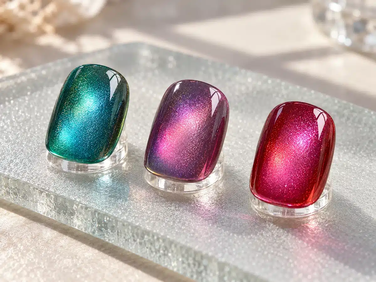 Teal, violet and ruby glass aurora cat eye nail samples on a clear glass surface