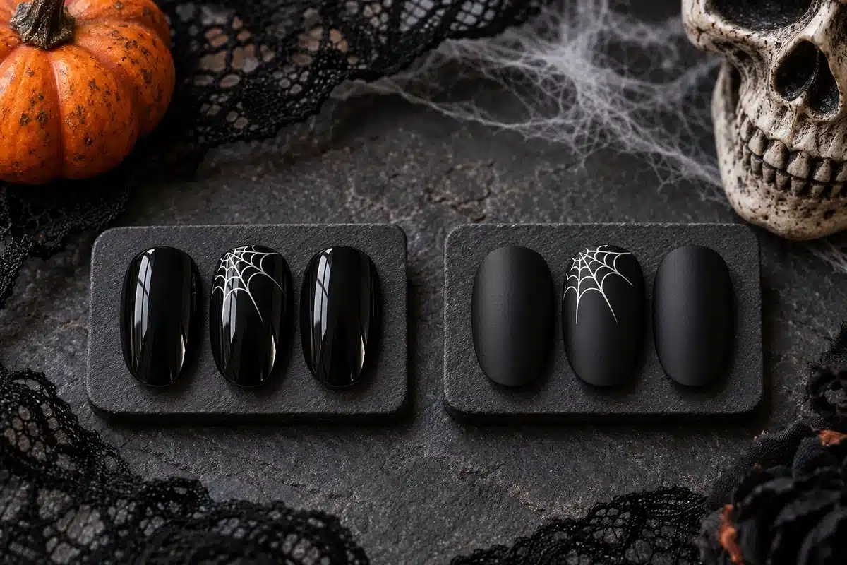 Glossy and matte black Halloween nail samples with matching white spiderweb accent designs