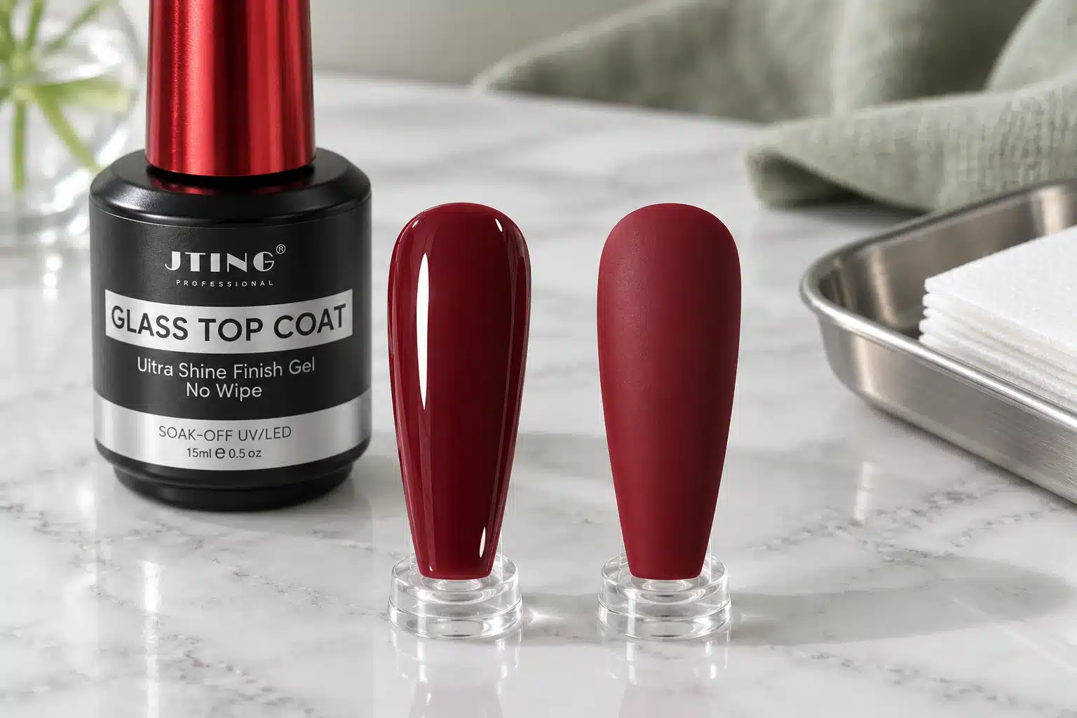 Glossy and matte burgundy nail samples beside JTING Glass Top Coat and lint-free wipes