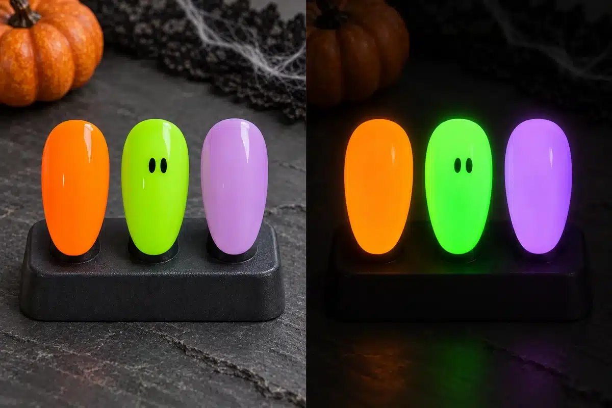 Illustrated normal-light and dark views of orange, lime green and lilac glow gel nail designs