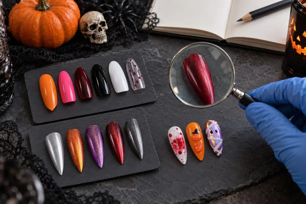 Halloween gel polish swatches and nail art samples being examined with a magnifying glass at a review desk