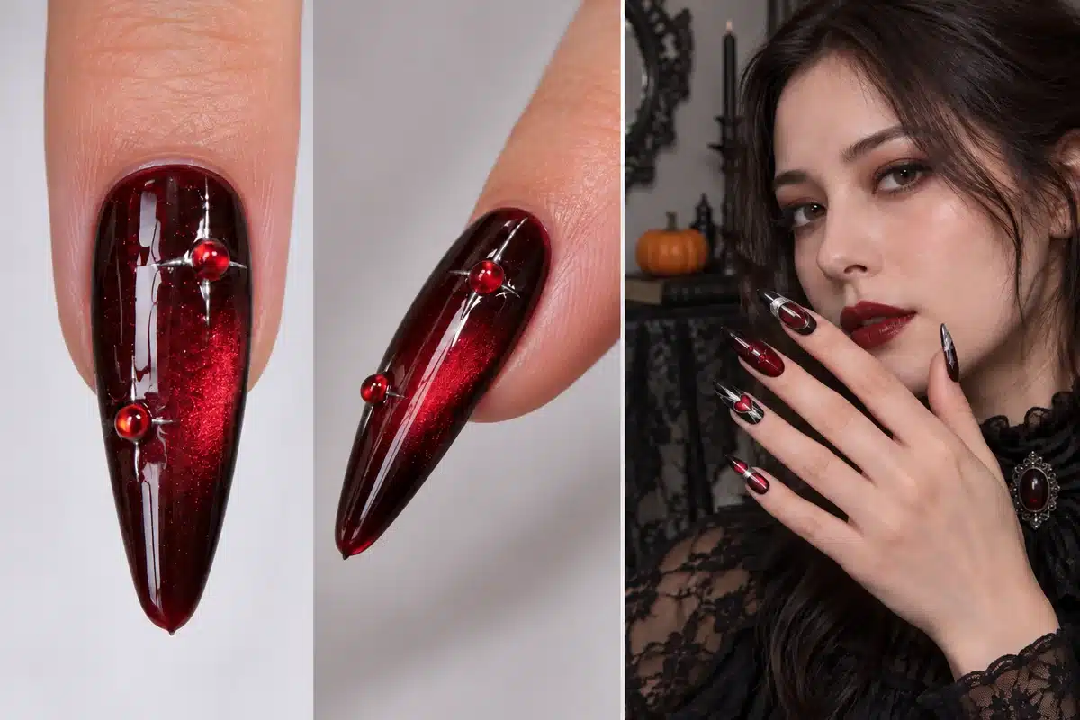 Front, side and wearing views of a red cat-eye nail with gel beads and a vampire-styled model