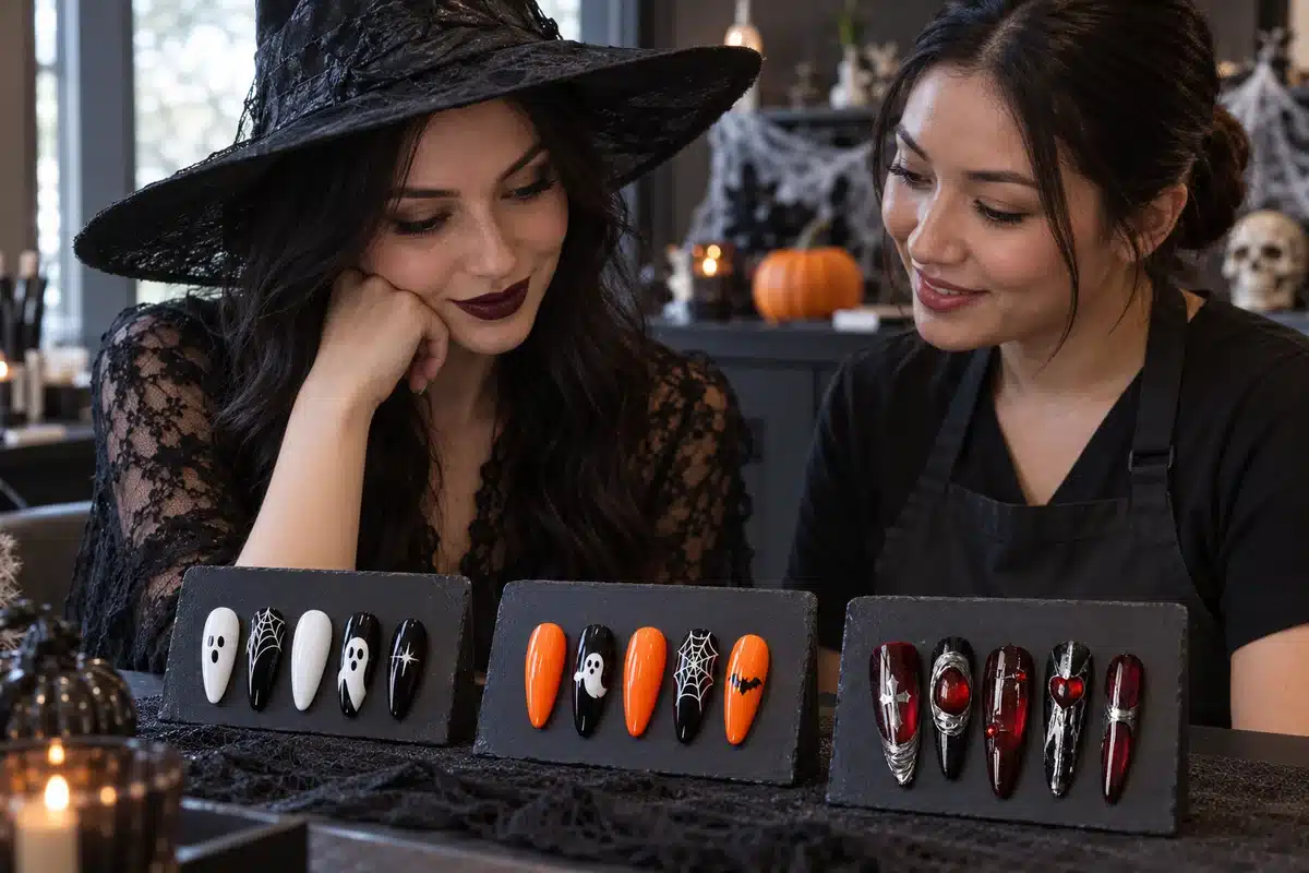 Witch-costumed salon client and nail technician comparing simple, coordinated and statement Halloween nail designs