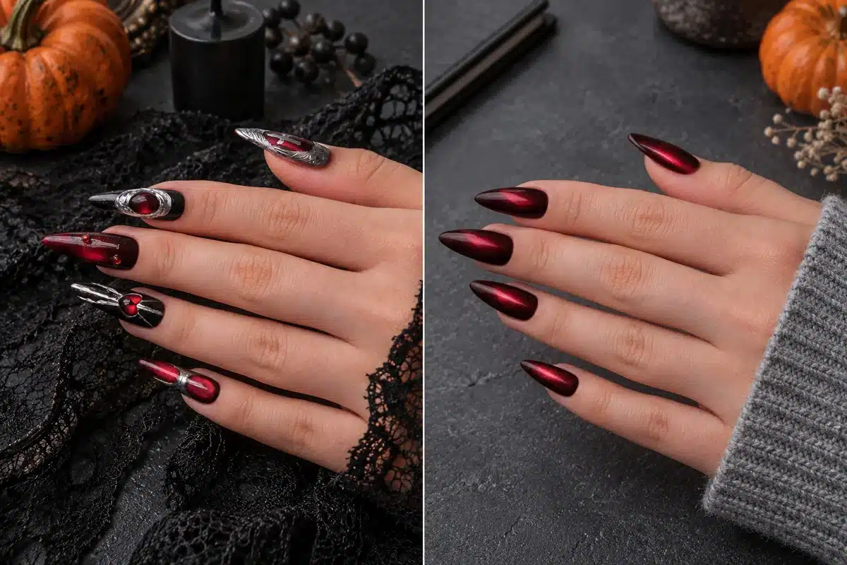 Decorated Halloween red cat-eye manicure beside a plain deep red cat-eye manicure for everyday styling