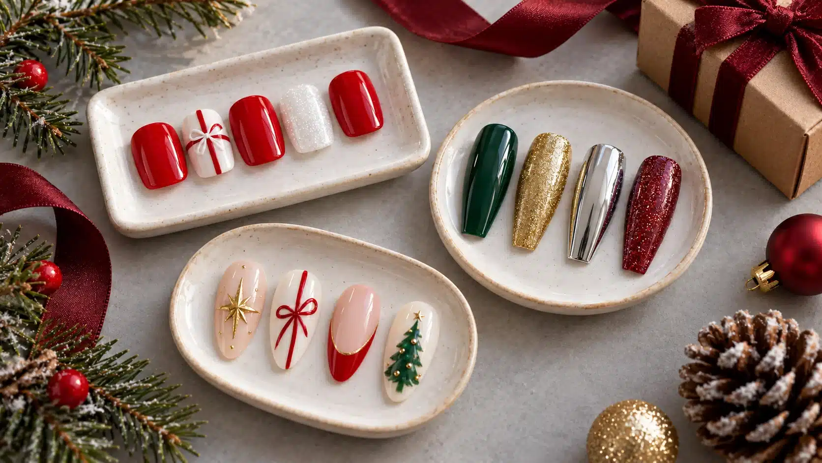 Holiday nail samples in varied shapes grouped on trays beside Christmas gifts, pine cones and ribbon