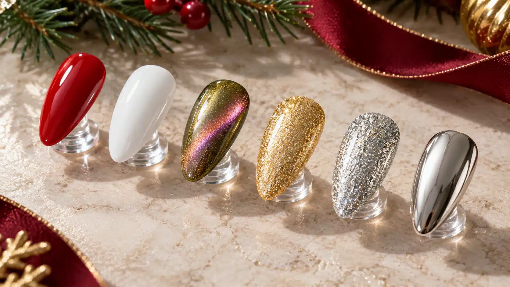 Solid color, magnetic, glitter, reflective and mirror-finish nail samples on a festive worktable