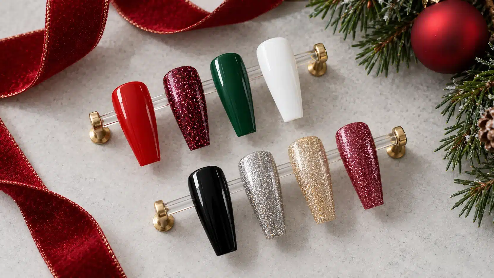 Long coffin nail swatches in red, green, white, black, silver and champagne for a holiday palette