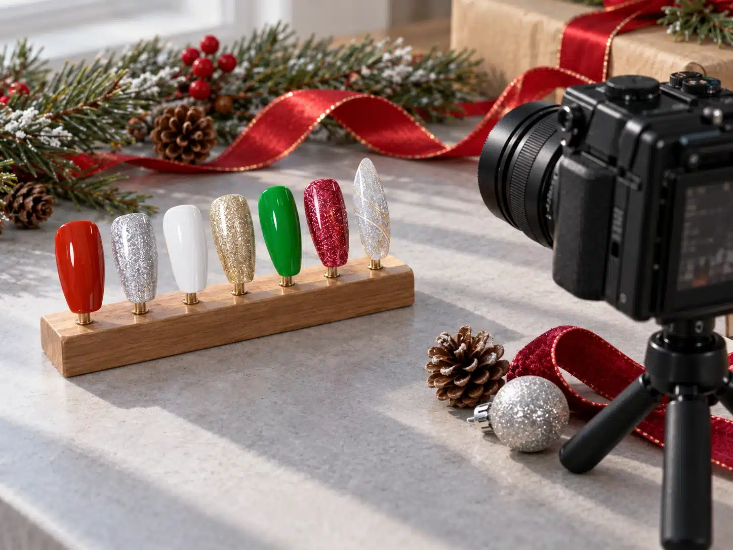 Camera directed toward holiday gel nail swatches on a festive sample review desk