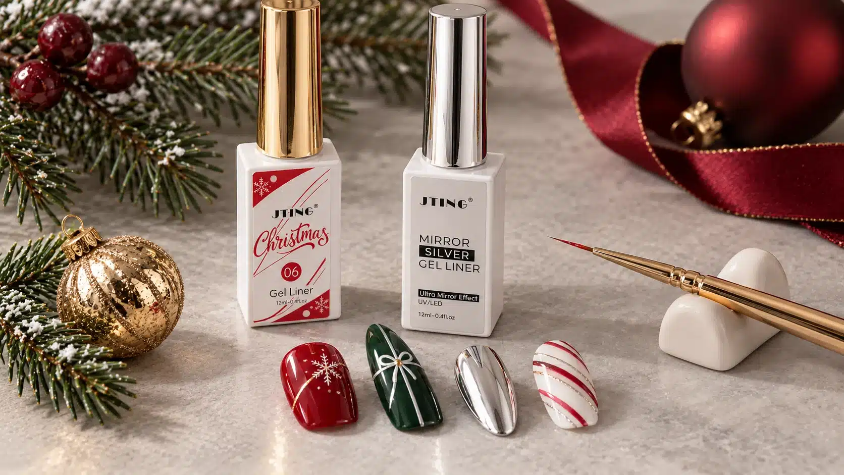 JTING Christmas liner and Mirror Silver Gel Liner bottles beside festive nail-art samples