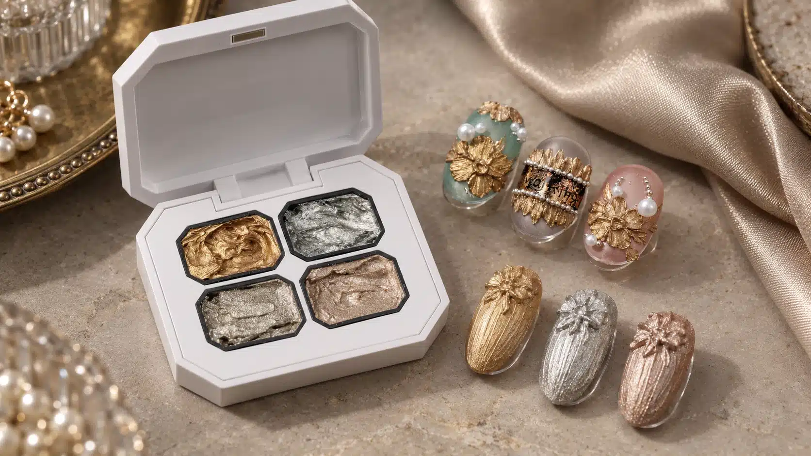 JTING four-color 3D Metal Painting Gel palette with metallic floral and textile-texture nail samples