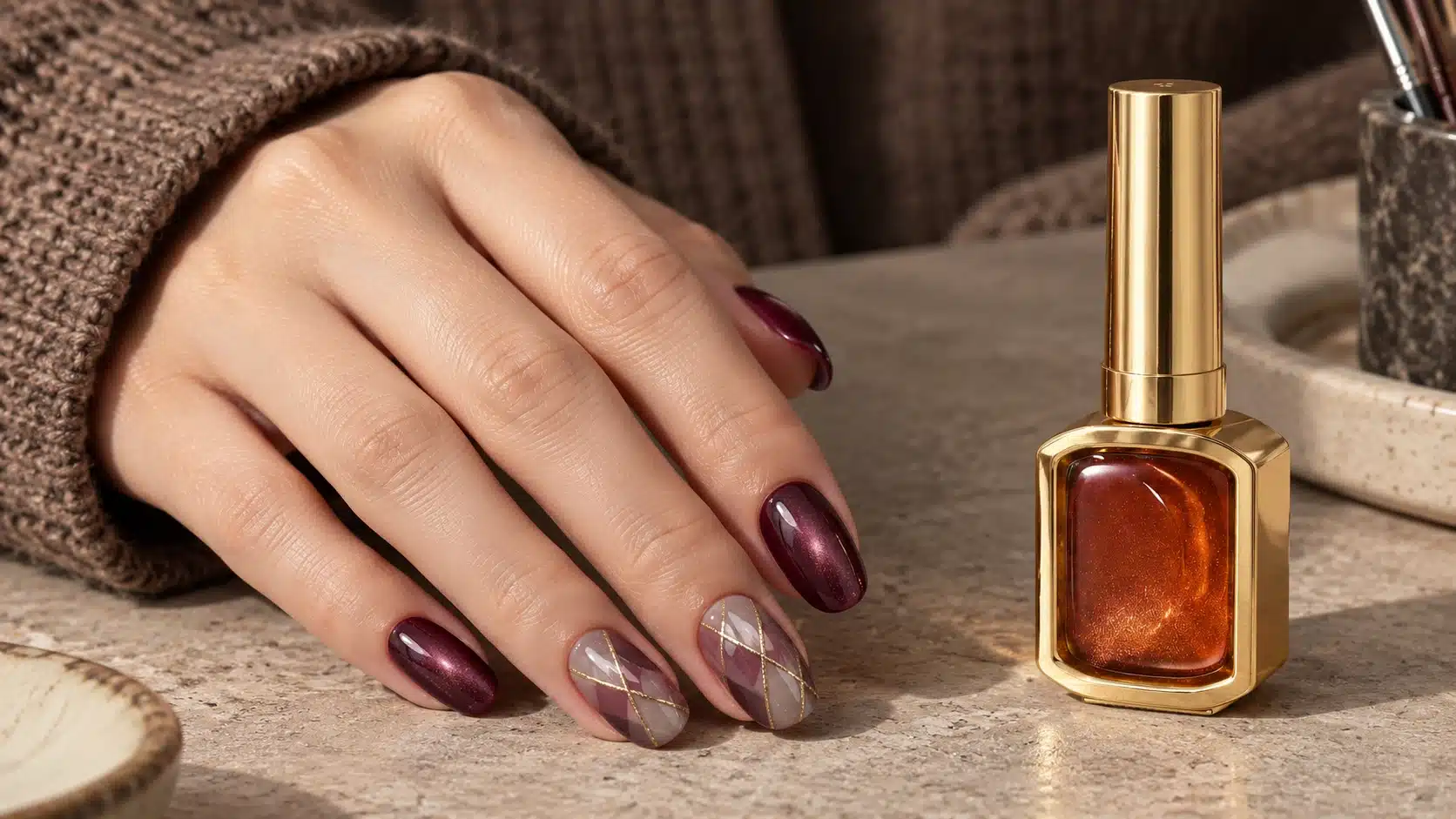 Gold 3IN1 Chrome Cat Eye Gel bottle beside burgundy cat-eye and gold-lined plaid nails on a studio workbench