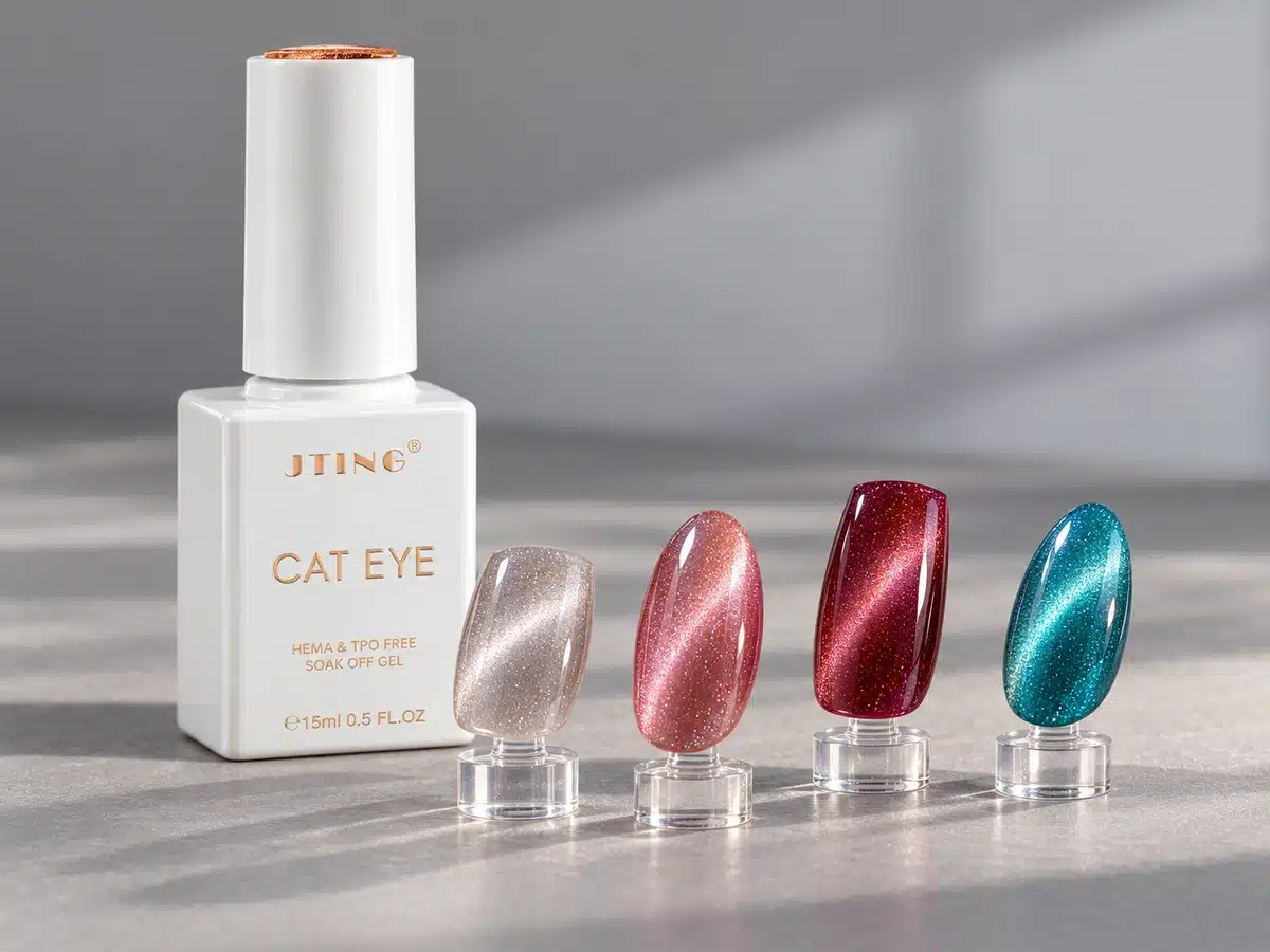 JTING Cat Eye gel bottle with burgundy, pink, violet and teal magnetic nail samples