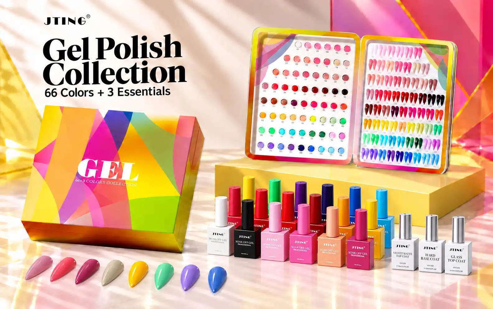 JTING 66+3 gel polish collection with geometric packaging, a shade book, grouped colored bottles and three silver-cap functional gels
