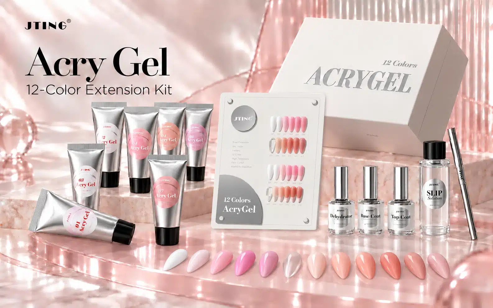 JTING Acry Gel kit with twelve white, pink and nude nail swatches, silver tubes, a shade card and cream packaging