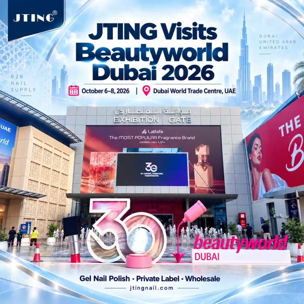 JTING Beautyworld Dubai 2026 visit poster with the exhibition entrance, Dubai skyline and JTING logo