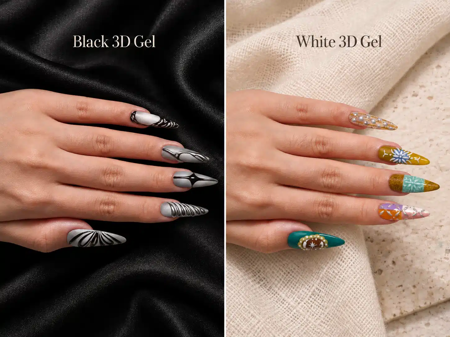Black and silver relief manicure beside colorful nails with white floral and raised decorative details