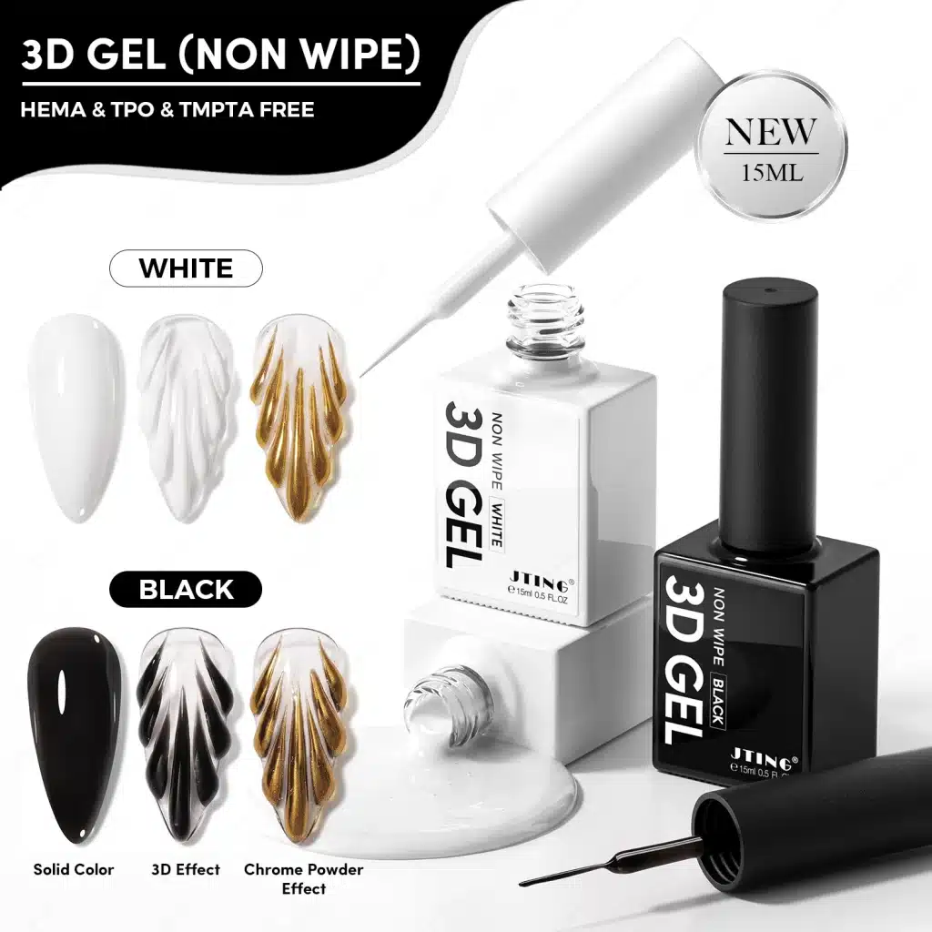 JTING black and white no-wipe 3D gel bottles with solid color, raised nail art and chrome powder effects.