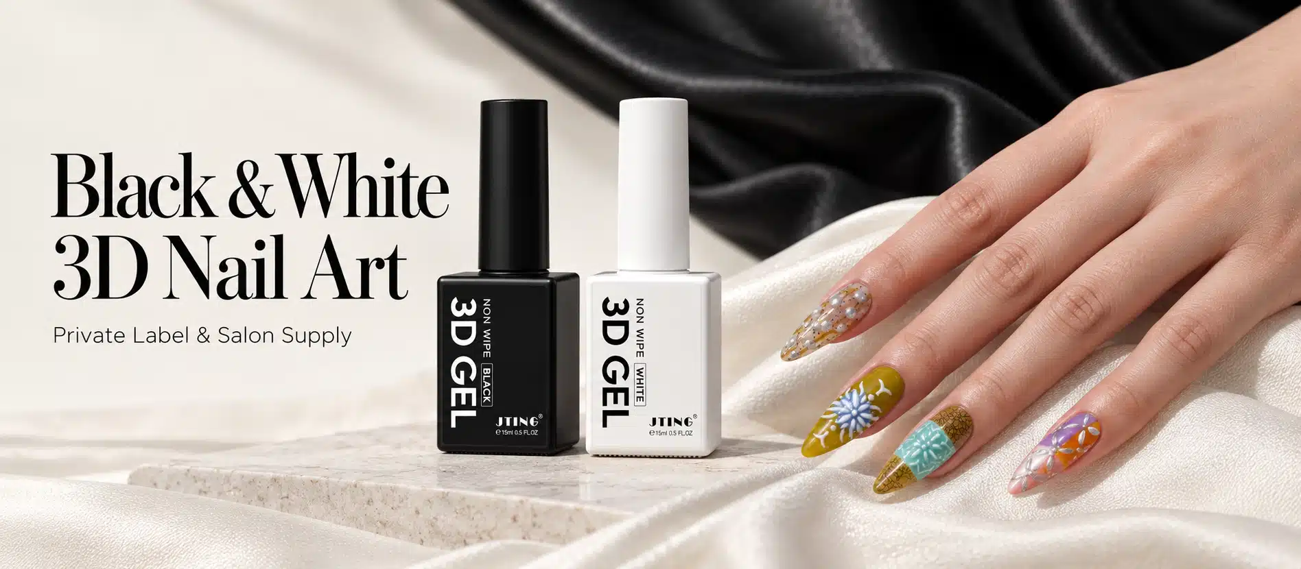 JTING black and white 15 ml no-wipe 3D gel bottles beside a colorful manicure with sculpted floral details
