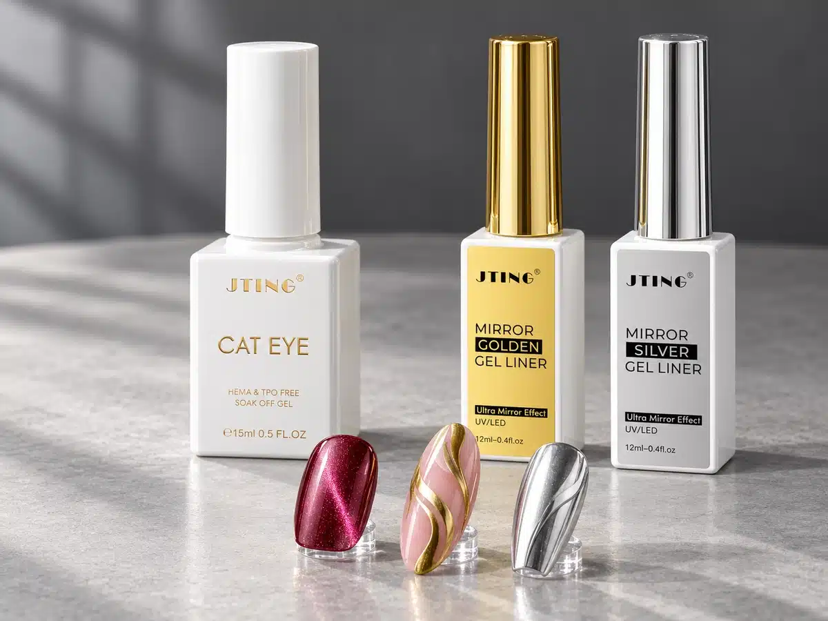 JTING Cat Eye, Mirror Golden and Mirror Silver Gel Liner bottles with coordinating nail samples