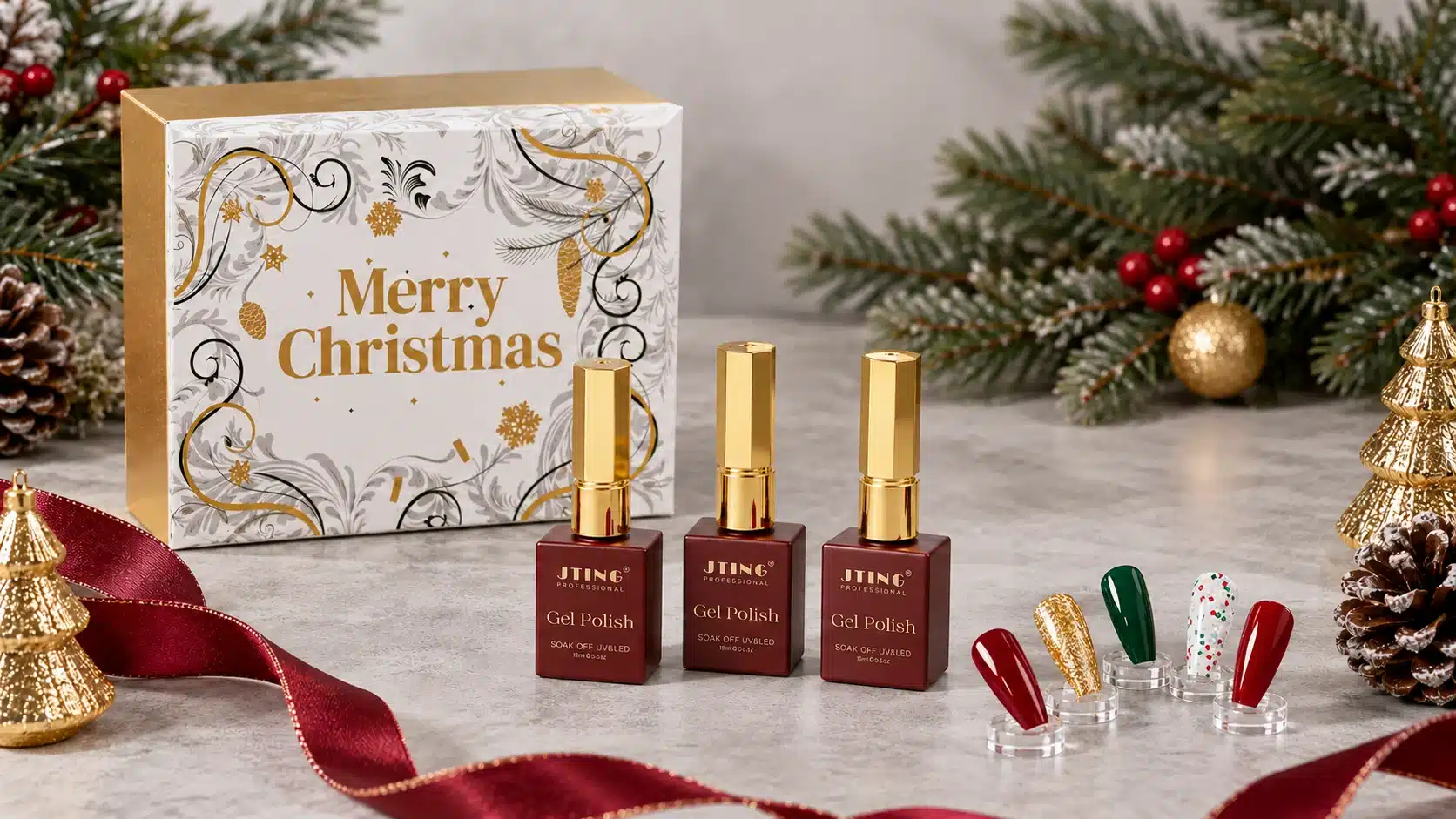 JTING wine-red gel nail polish bottles with gold caps beside a white-and-gold Merry Christmas box
