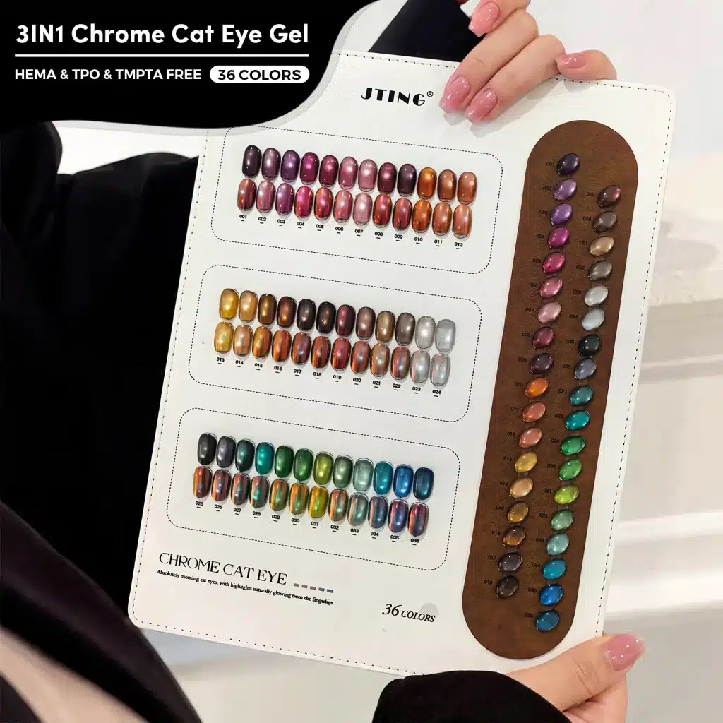 JTING E10 3IN1 Chrome Cat Eye Gel displayed in a 36-color swatch book held open by a model