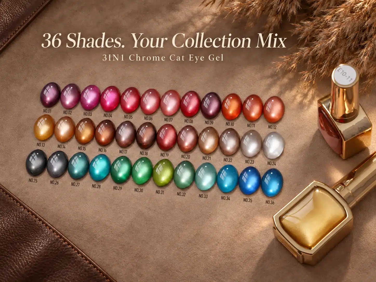 36 numbered cat eye gel swatches arranged in three rows beside two gold bottles on a warm brown surface