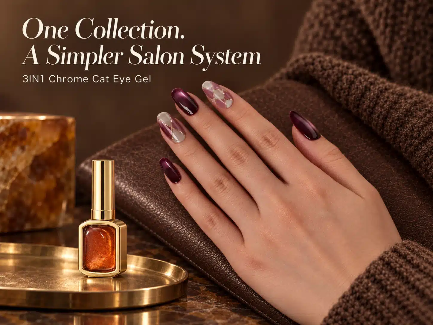 Gold 3IN1 Chrome Cat Eye Gel bottle beside a hand wearing burgundy cat eye and gold-lined plaid nails