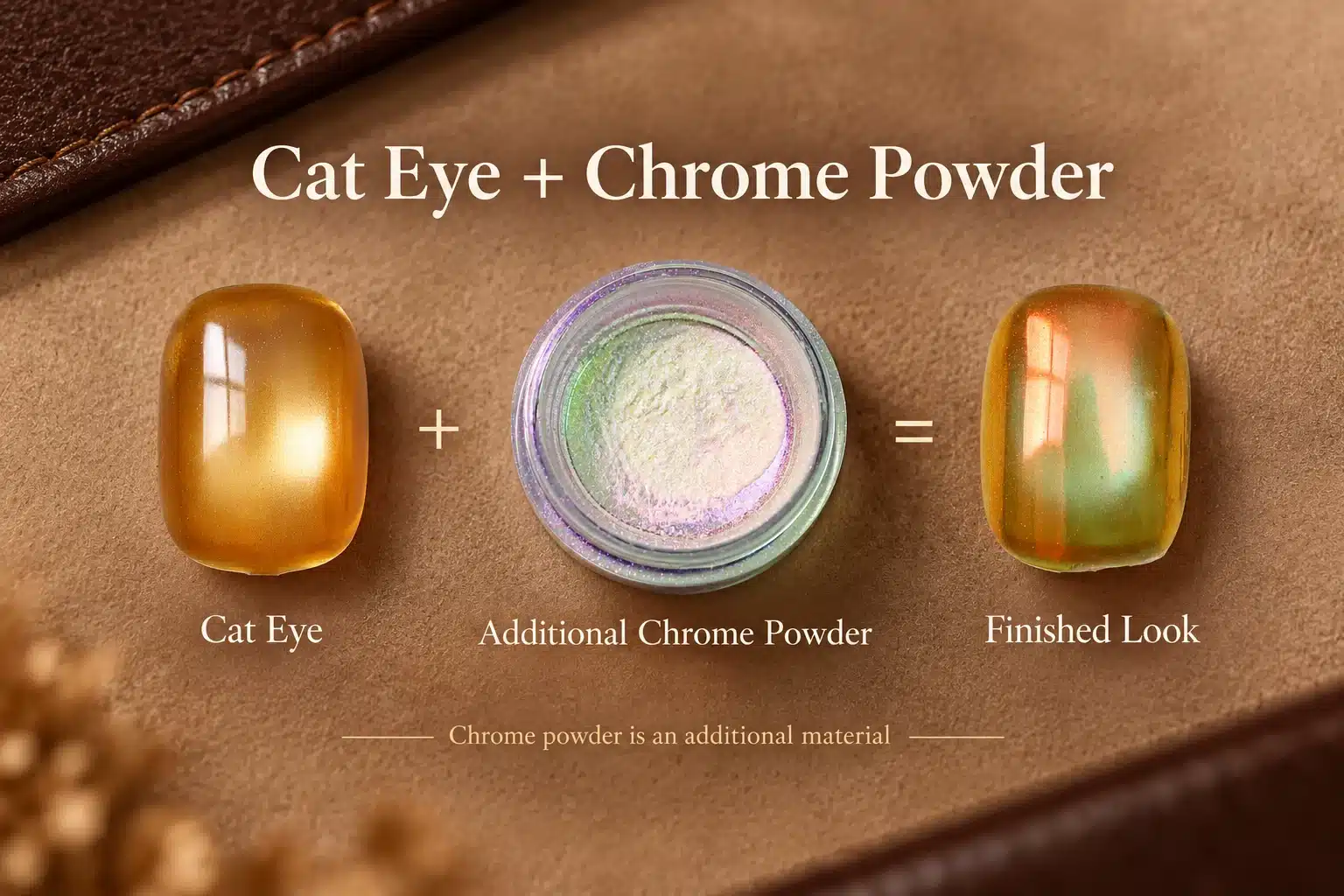 Amber cat eye nail sample, open chrome powder pot and iridescent finished nail shown in a product-pairing sequence