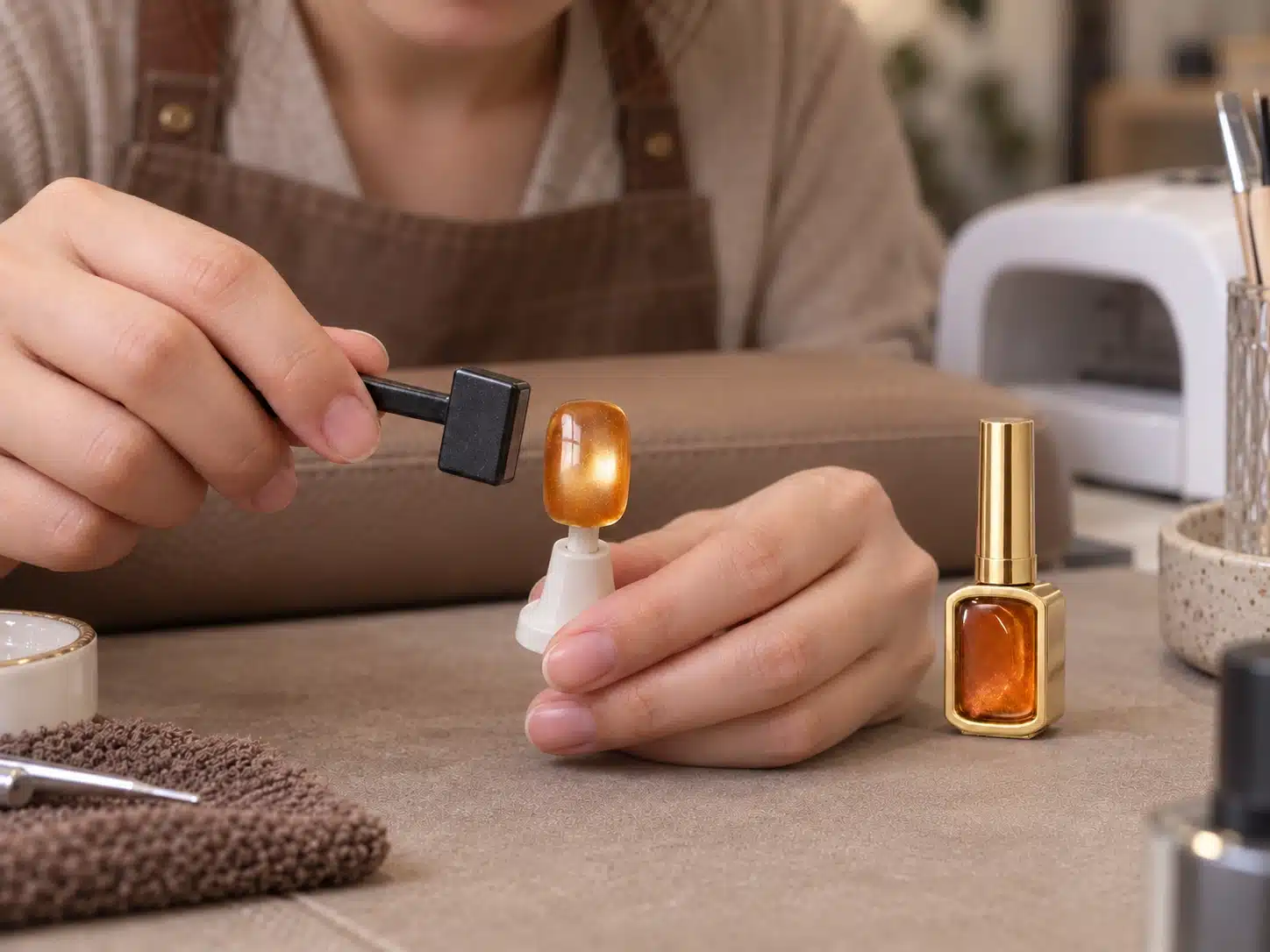Nail technician holding a magnet beside an amber cat eye practice nail, with a gold gel bottle on the workbench