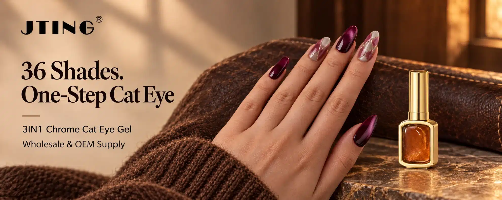 JTING wholesale and OEM banner featuring a gold cat eye gel bottle and a burgundy plaid manicure