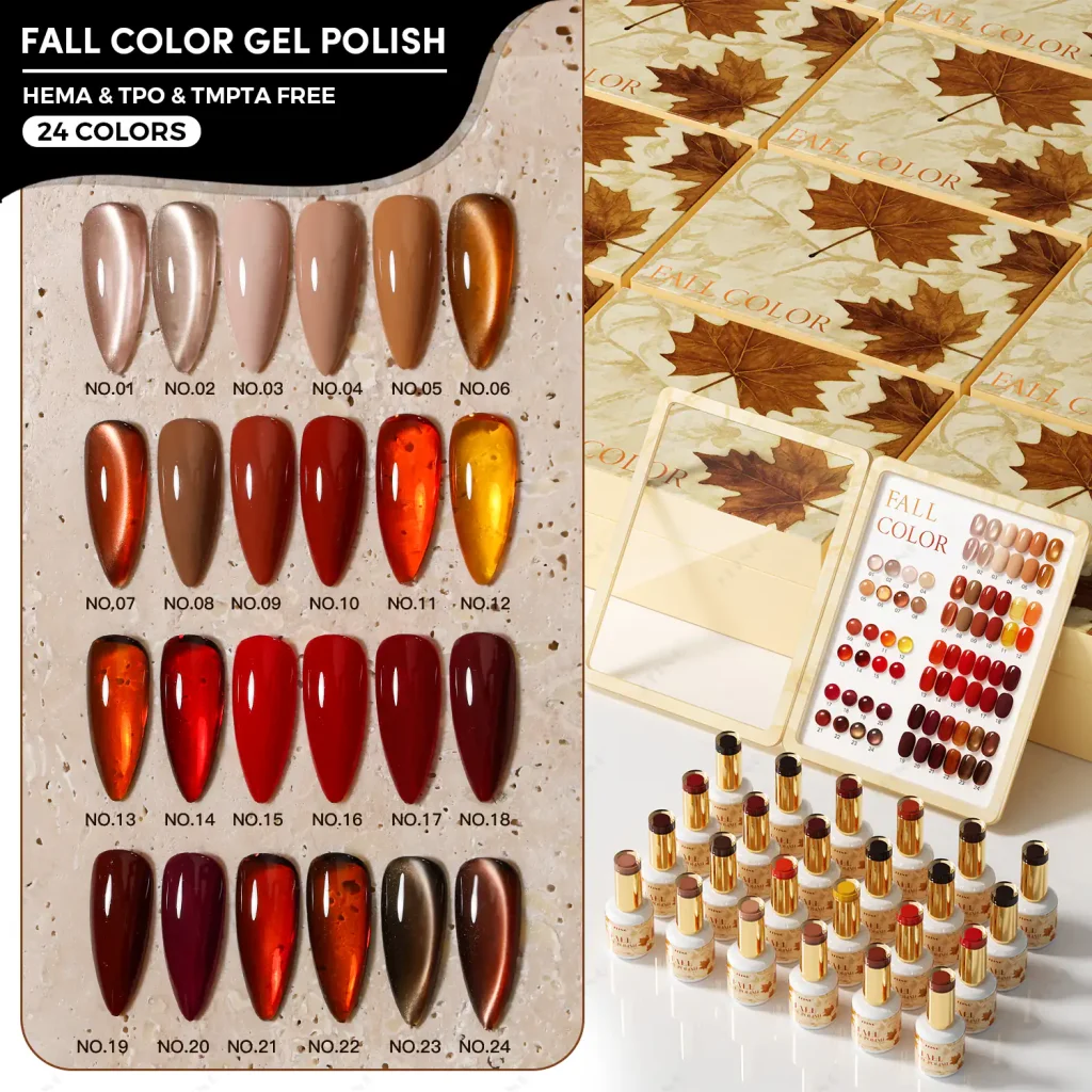 JTING 24-color fall gel polish collection with numbered nail swatches, gold-cap bottles and maple-leaf packaging
